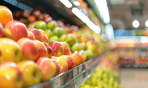水果货架摄影照片_超市杂货店货架上的水果和蔬菜模糊背景