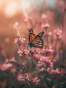 帝王蝶栖息在粉红色的野花上