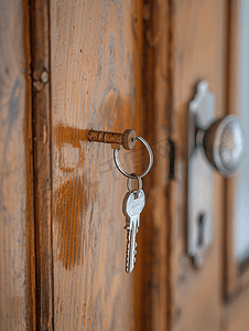 木门钥匙孔内带有家用钥匙圈的房屋钥匙