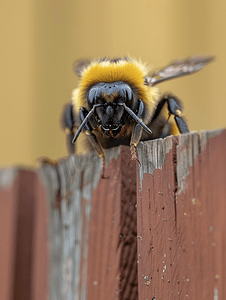 常见的东方大黄蜂坐在棕色栅栏的顶部