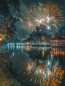 泰国彭世洛海滨灯火璀璨的烟花