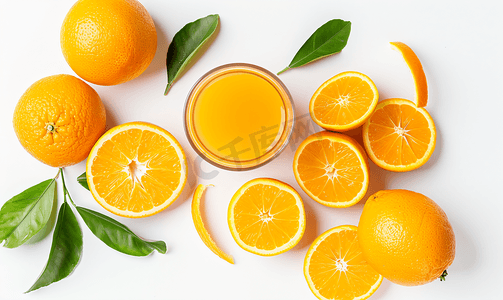 橙汁海报免费摄影照片_一杯橙汁和切片橙子顶视图孤立在白色背景
