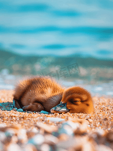 小红书抽奖海报摄影照片_昏昏欲睡的小红鸭狗在海滩上休息