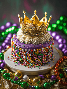 国王蛋糕皇冠周围环绕着狂欢节珠子