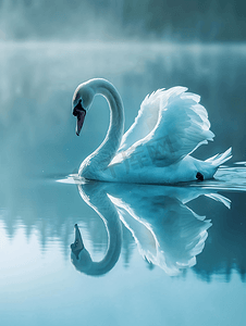 水晶般清澈的蓝色河流倒影上美丽的天鹅