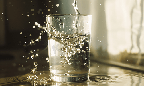 天然水倒入玻璃杯