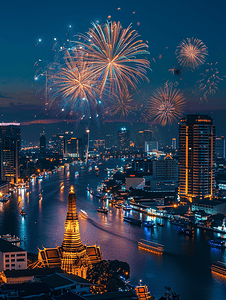 泰国彭世洛海滨灯火璀璨的烟花