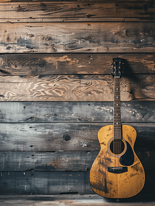 木材墙壁摄影照片_木墙上的吉他架
