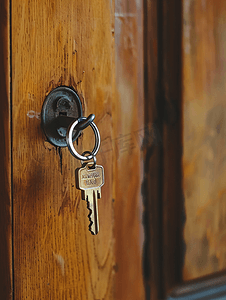 钥匙孔摄影照片_木门钥匙孔内带有家用钥匙圈的房屋钥匙