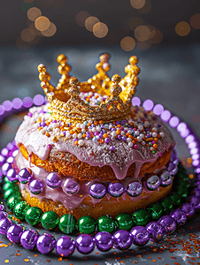 国王蛋糕皇冠周围环绕着狂欢节珠子