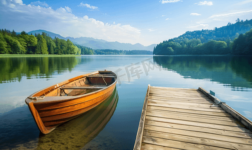 在湖岸边的木码头上乘船享受心情和宁静