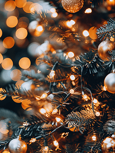圣诞树上装饰着灯光抽象模糊背景与散景