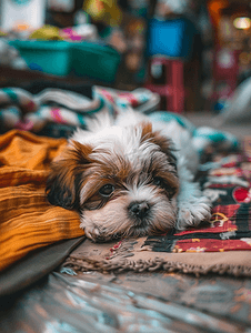 西施故里摄影照片_西施可爱的小狗躺在跳蚤市场上