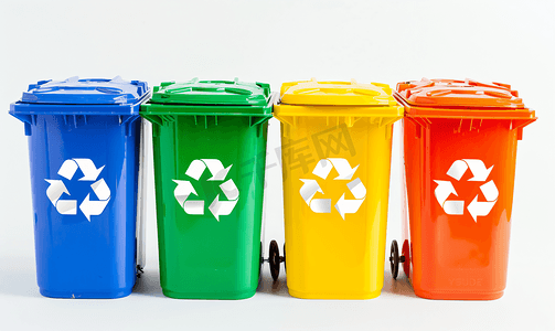 垃圾污染摄影照片_普通垃圾和回收箱采用白色背景回收概念分开