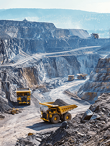 挖矿山摄影照片_卡车和挖掘机在金矿露天开采中的工作