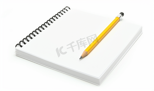 教育摄影照片_白色背景下孤立的空白螺旋记事本和铅笔