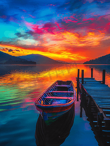 湖边令人惊叹的色彩缤纷的日落木码头上有一艘船水平景观