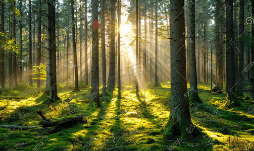 阳光穿过松树林森林地面上的树木和苔藓