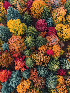 自然森林树木摄影照片_秋天的色彩森林从无人机鸟瞰森林中色彩缤纷的秋天树木