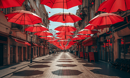 街道复古摄影照片_贝尔格莱德街道上有许多红色雨伞