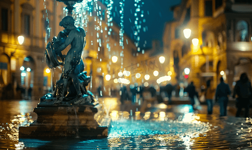 海王星喷泉在博洛尼亚在晚上