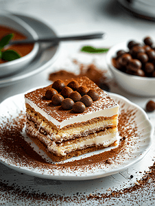 面包蛋糕烘培店摄影照片_布雷克盘子上的传统意大利甜点提拉米苏