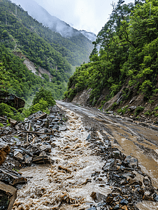 山区路况不好大雨路外石路被冲毁