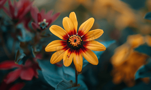 红金光效摄影照片_大自然中的红黄色金光菊花