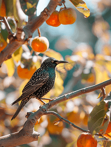 春天树叶鸟摄影照片_秋天柿子树和树叶上的八哥鸟