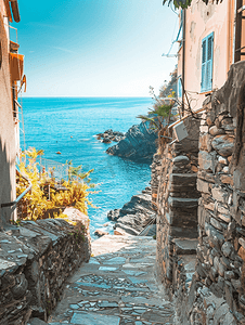意大利五渔村的老石墙小路