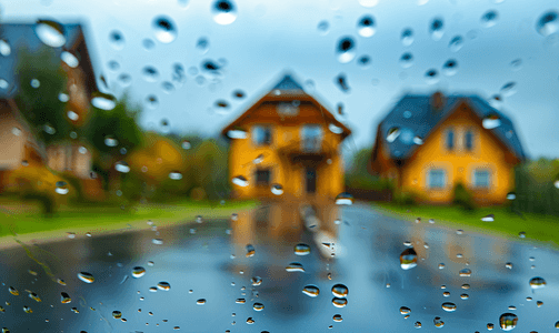 玻璃模糊摄影照片_雨滴在挡风玻璃上模糊的房子