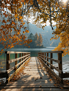 木桥湖上设有观景台秋景