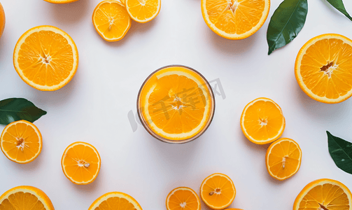 一杯橙汁和切片橙子顶视图孤立在白色背景