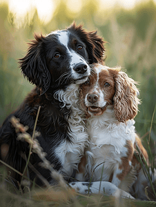 年轻的边境牧羊犬与英国可卡犬玩耍