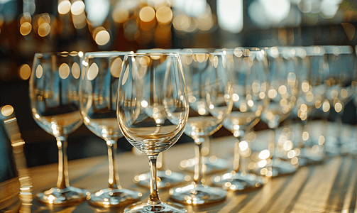 餐饮玻璃设计摄影照片_一排排空酒杯特写桌上的玻璃高脚杯餐厅酒吧概念