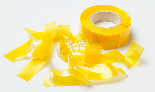 白色背景上的一组黄色胶带黄色胶带撕破的粘合片
