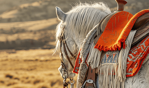 马背上的马鞍白马上的黑色马鞍动物背上的橙色斗篷