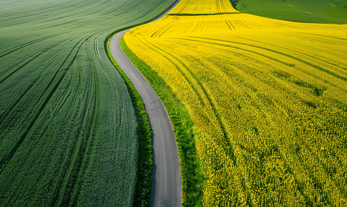 一条公路隔开的油菜花和麦田的绝美鸟瞰图