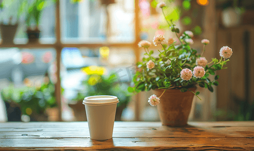 甜品奶茶咖啡线型摄影照片_咖啡店木质背景的桌面上放着白色纸咖啡杯