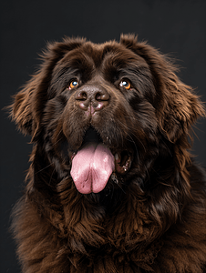 长着甜美面孔的年轻棕色纽芬兰犬伸出舌头