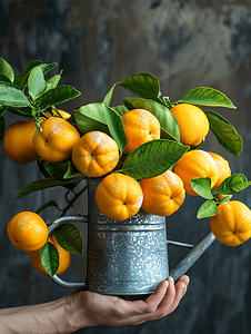 橘子背景摄影照片_儿童喷壶中的亮黄色橘子