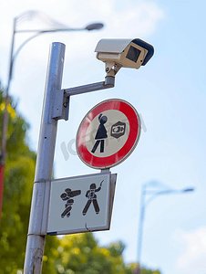 禁止行人摄影照片_闭路电视附近禁止行人通行标志
