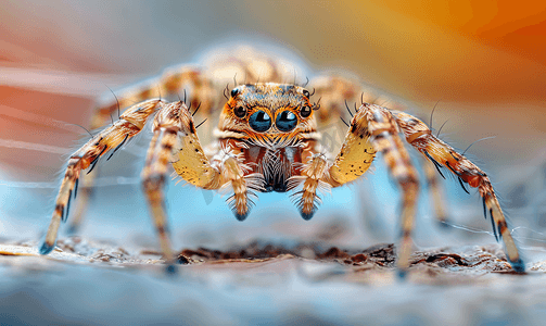恐惧或不安摄影照片_十字蜘蛛在蜘蛛线上爬行昆虫中有用的猎人模糊