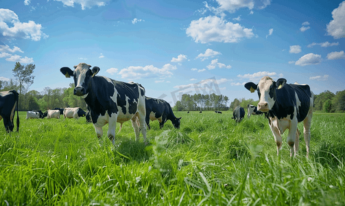 饲料社保摄影照片_蓝天下的牛群在牧场上吃草