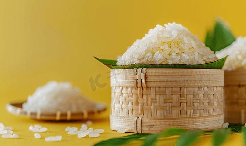 传统食品手工摄影照片_黄色背景泰国糯米的传统图案竹盒