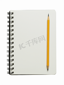 教育摄影照片_空白螺旋笔记本和铅笔上白色隔离