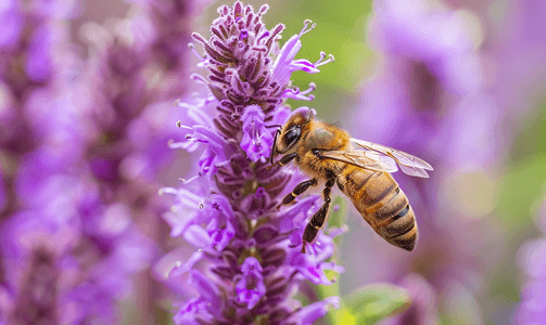 蜜蜂为炽热的星紫色花朵授粉