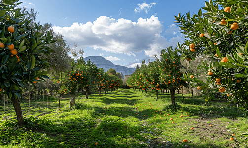 绿色土地树林摄影照片_西西里花园里的橘子树