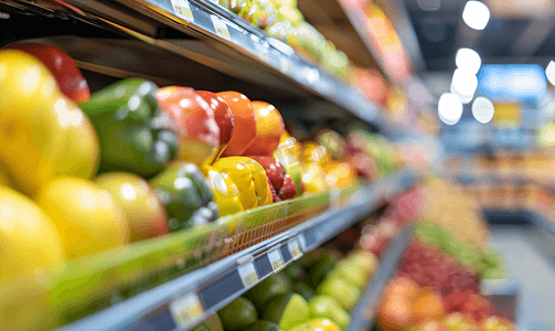 水果货架摄影照片_超市杂货店货架上的水果和蔬菜模糊背景