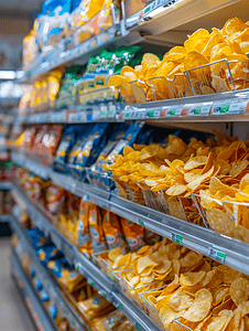 消费者购买产品摄影照片_超市便利店货架上摆着薯片零食模糊抽象背景